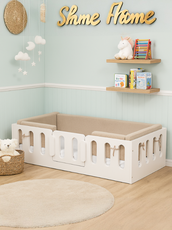 Children's room with a white crib, wooden shelf, and decorative elements.