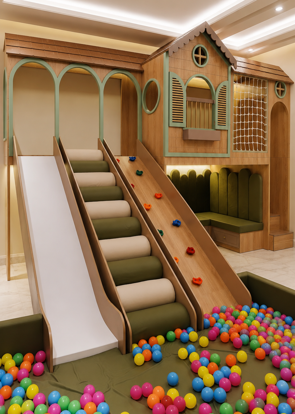 A children's indoor playhouse with two slides, one white and one wood-grain with small colorful climbing rocks, set in a ball pit filled with multicolored plastic balls. The playhouse features a house-themed upper structure with green trim and a bench area.