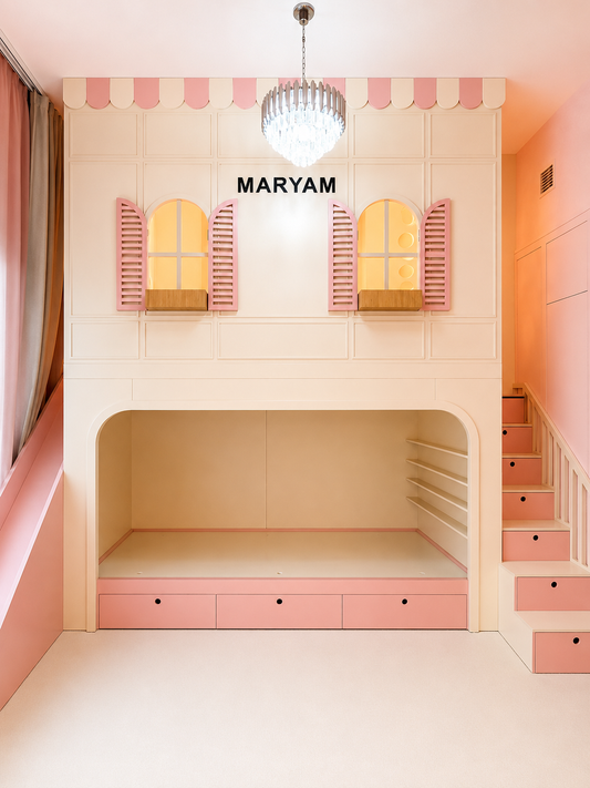 A whimsical children's loft bed with a castle-tower design, featuring pink and cream panels, shuttered window details, and a staircase with matching pink drawers.