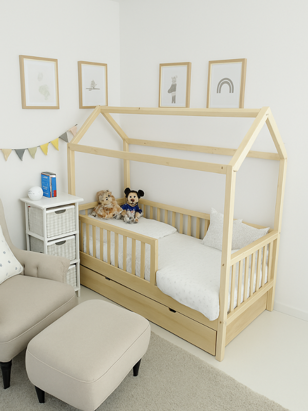Children's room with a wooden crib, toys, and wall decorations.