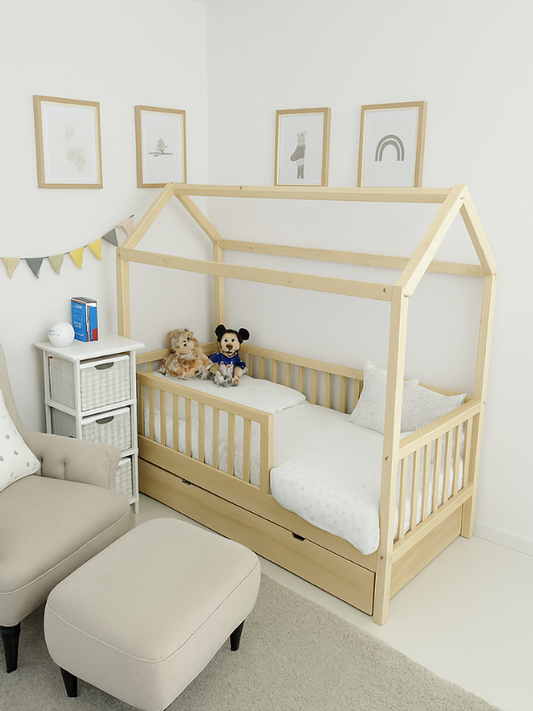 Children's room with a wooden crib, toys, and wall decorations.