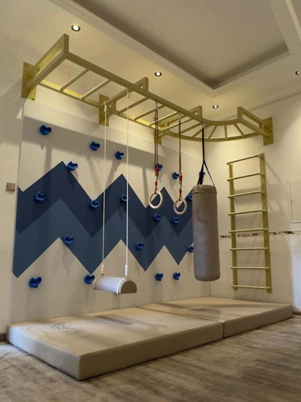 Indoor Kids Gym With Monkey Bars, Boxing Bag & Climbing Wall