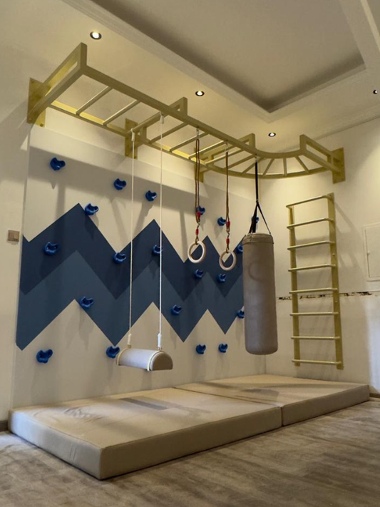 Indoor Kids Gym With Monkey Bars, Boxing Bag & Climbing Wall