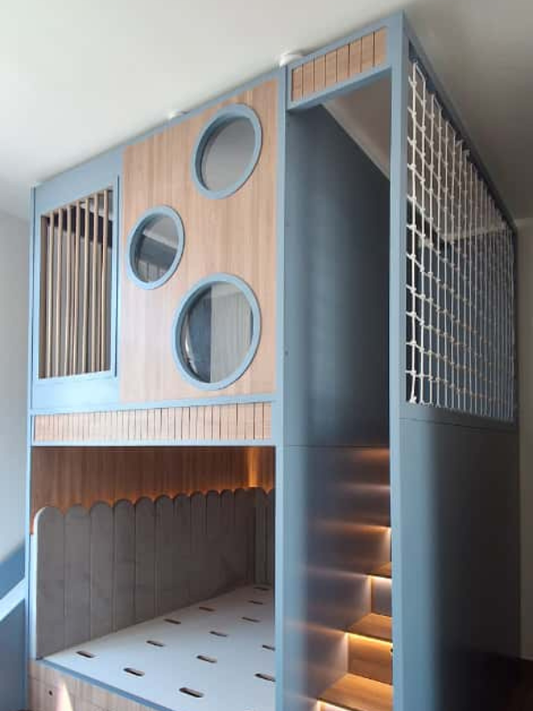 Kids Loft Bed With Playhouse Windows, LED Stairs & Activity Net