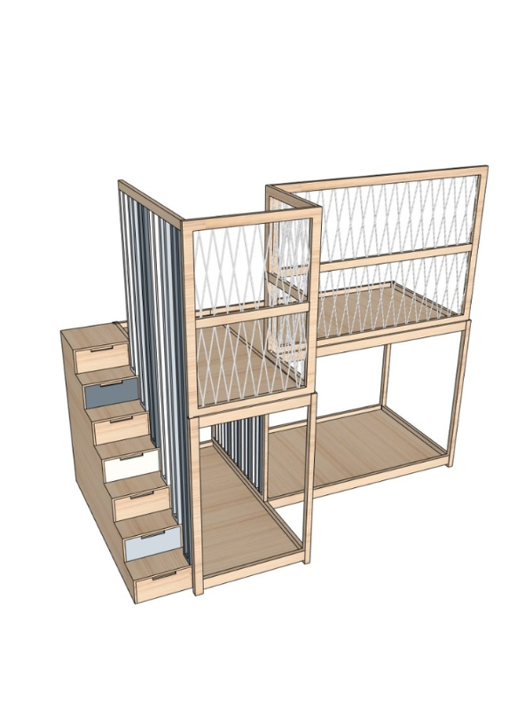 L-Shaped Kids Loft Bed With Playhouse