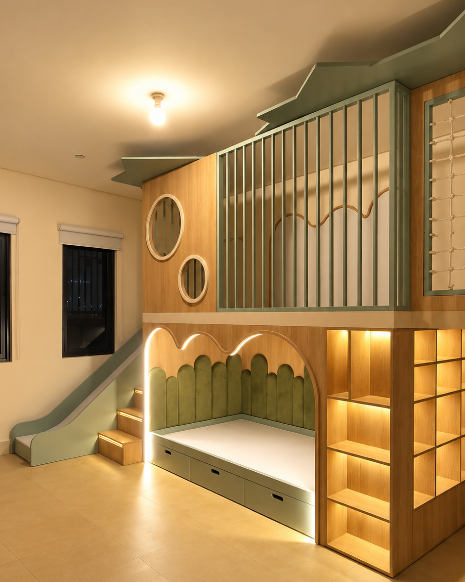 A children's loft playroom featuring a built-in bed with a green scalloped headboard, a light blue slide, a slatted loft railing, and illuminated wooden shelving.