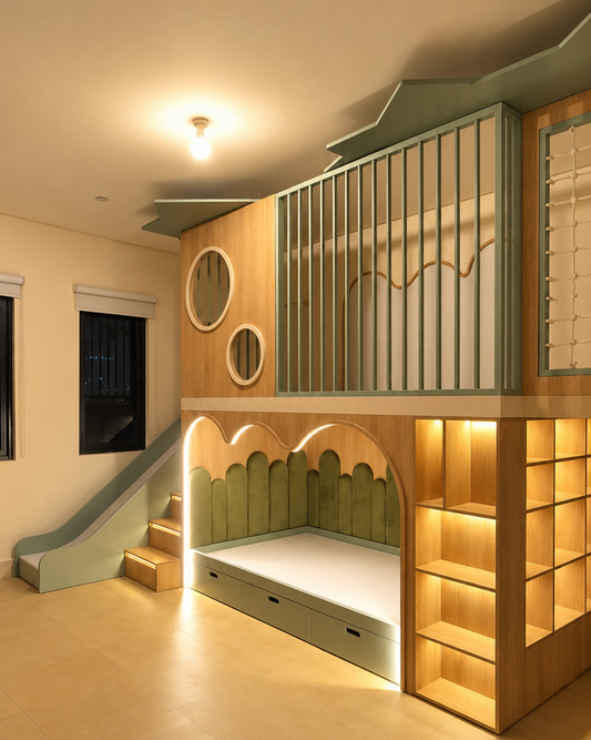 A children's loft playroom featuring a built-in bed with a green scalloped headboard, a light blue slide, a slatted loft railing, and illuminated wooden shelving.