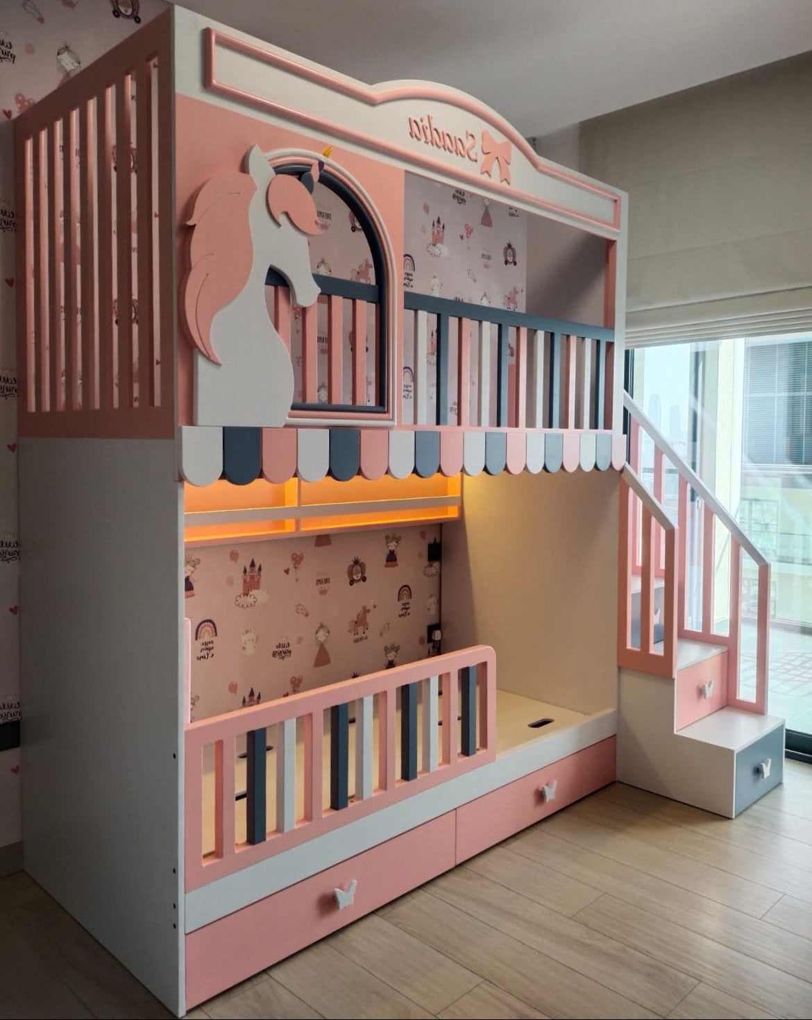 Unicorn bunk bed with stairs and storage