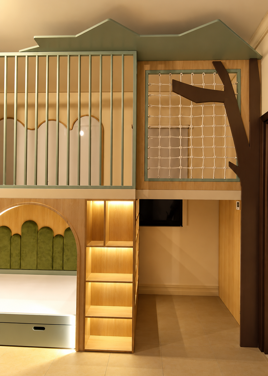 A children's loft bed with playful tree and house-inspired details, featuring a green-tinted wooden upper loft with a slatted railing, a climbing net, a tree trunk accent, built-in storage shelves, and a bed.
