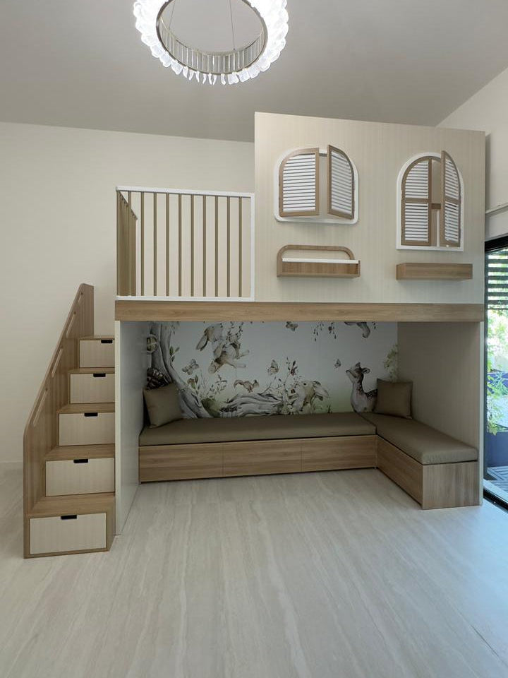 Wooden loft bed with stairs and underneath seating