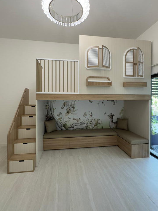 Wooden loft bed with stairs and underneath seating