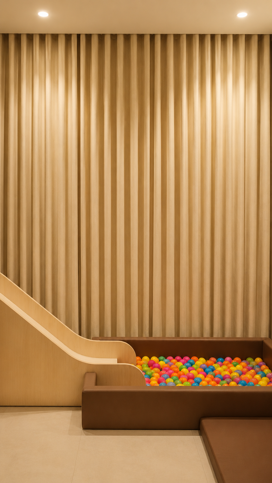 A modern children's playroom corner featuring a light wood slide, and a colorful ball pit filled with multicolored plastic balls.