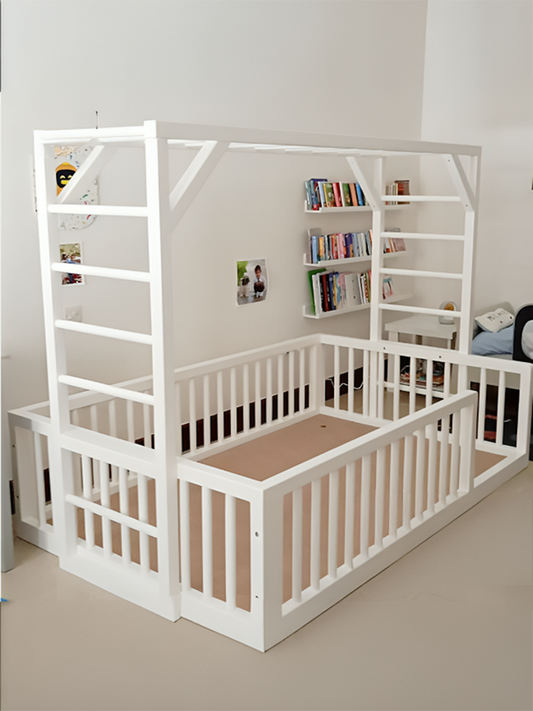A white bed frame designed for children, featuring a ladder and storage shelves.